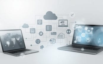 A conceptual 3D illustration of two laptops connected to cloud computing and digital icons, representing technology as a tool for connectivity and information sharing.
