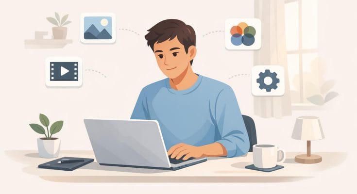 Beginner calmly choosing the right digital tools for online work without overwhelm