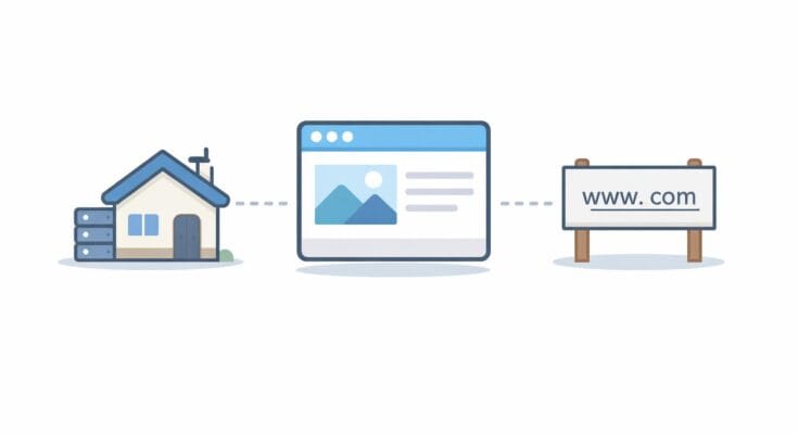 Simple illustration showing how domain names and web hosting work together for a website