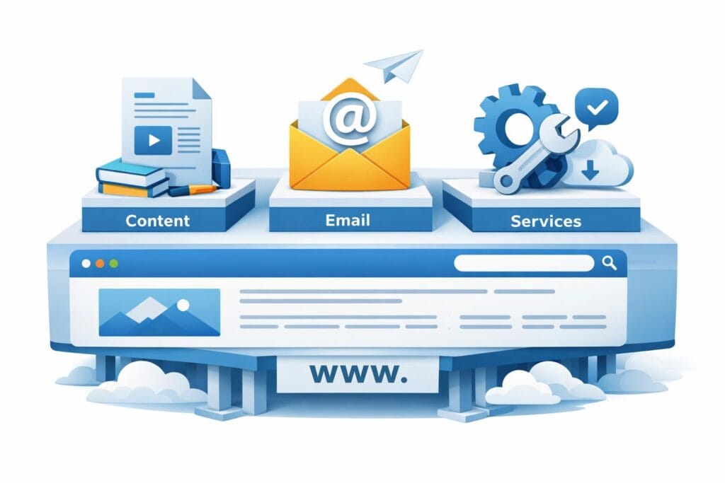 Illustration showing how hosting and domains support online business and digital work