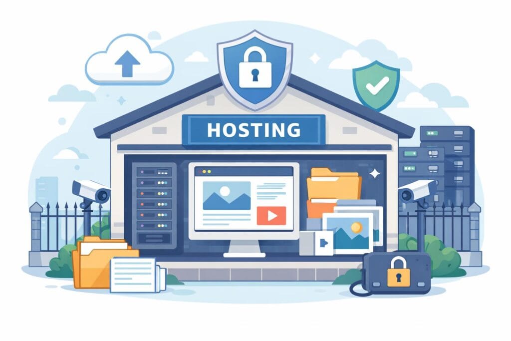 Illustration explaining web hosting as the place where website files are stored