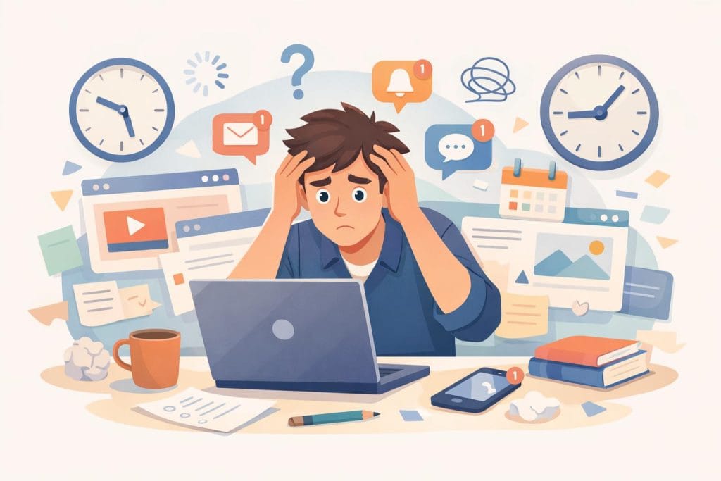 online beginner feeling overwhelmed by tasks, distractions, and time management challenges