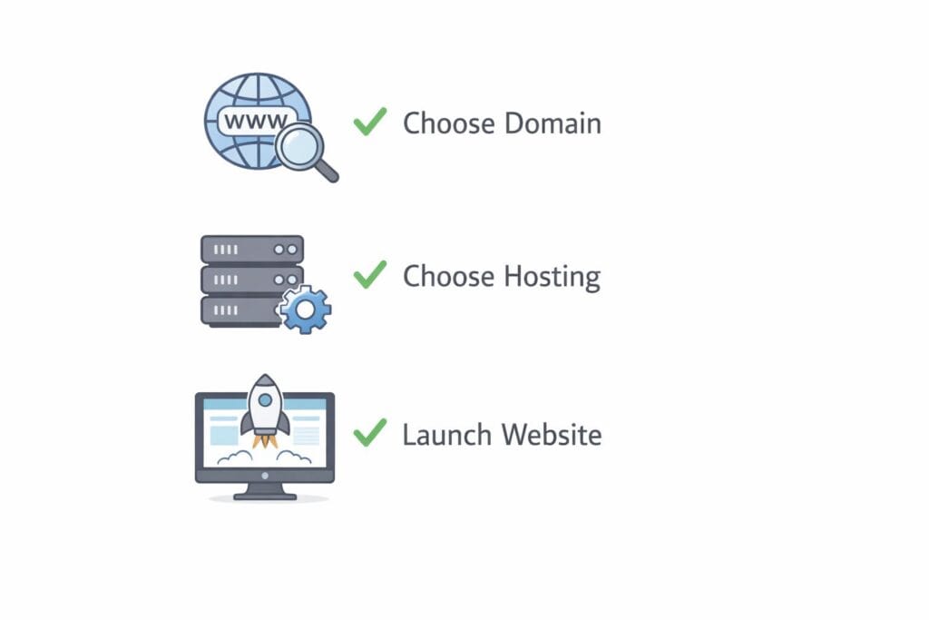 Simple visual guide helping beginners choose a domain and hosting service