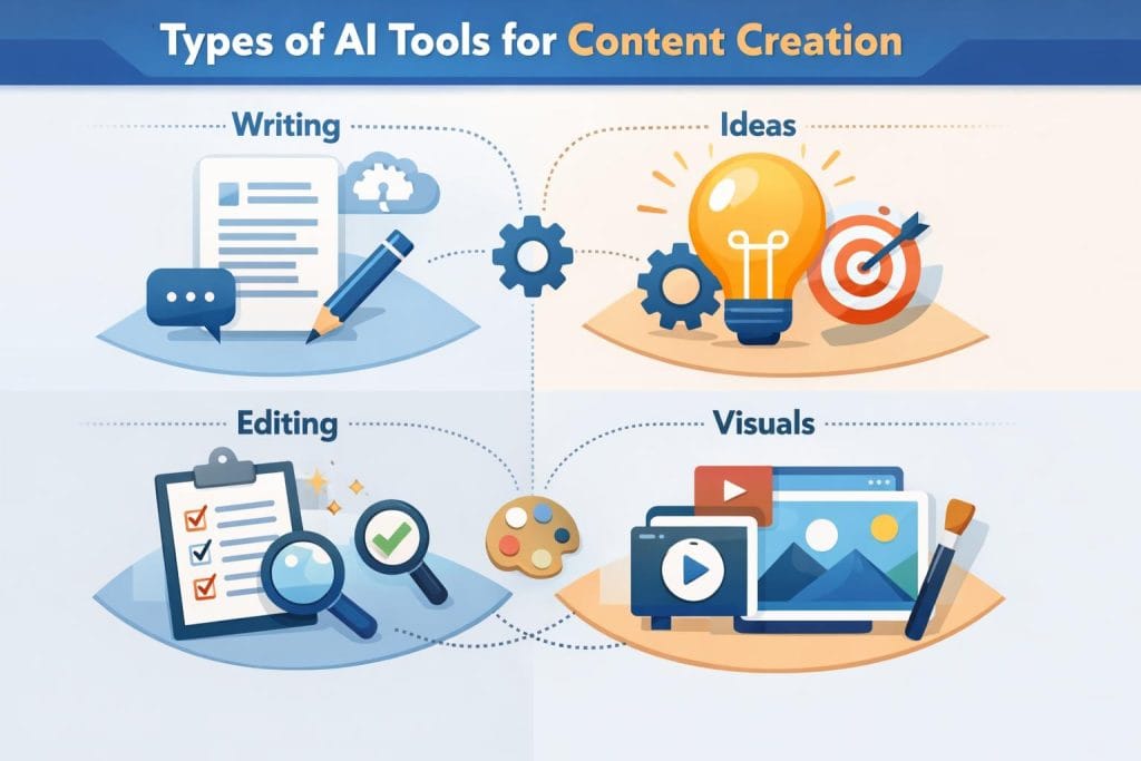 Different types of AI tools used for writing, editing, ideas, and visual content