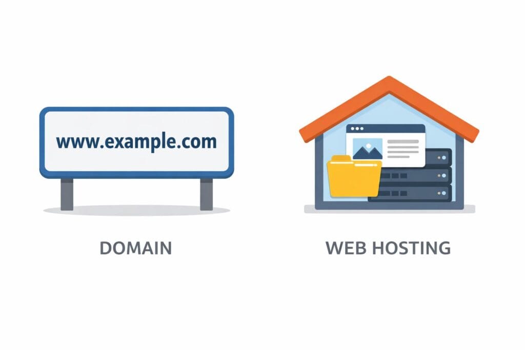 Comparison illustration showing the difference between a domain name and web hosting