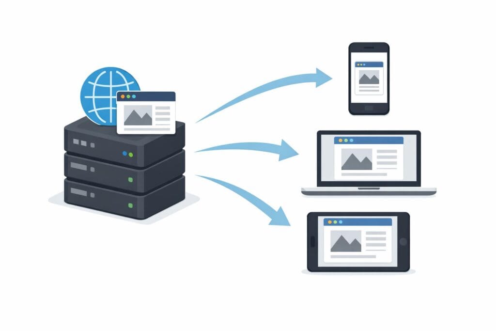 Visual showing how a hosting server sends a website to visitors’ devices