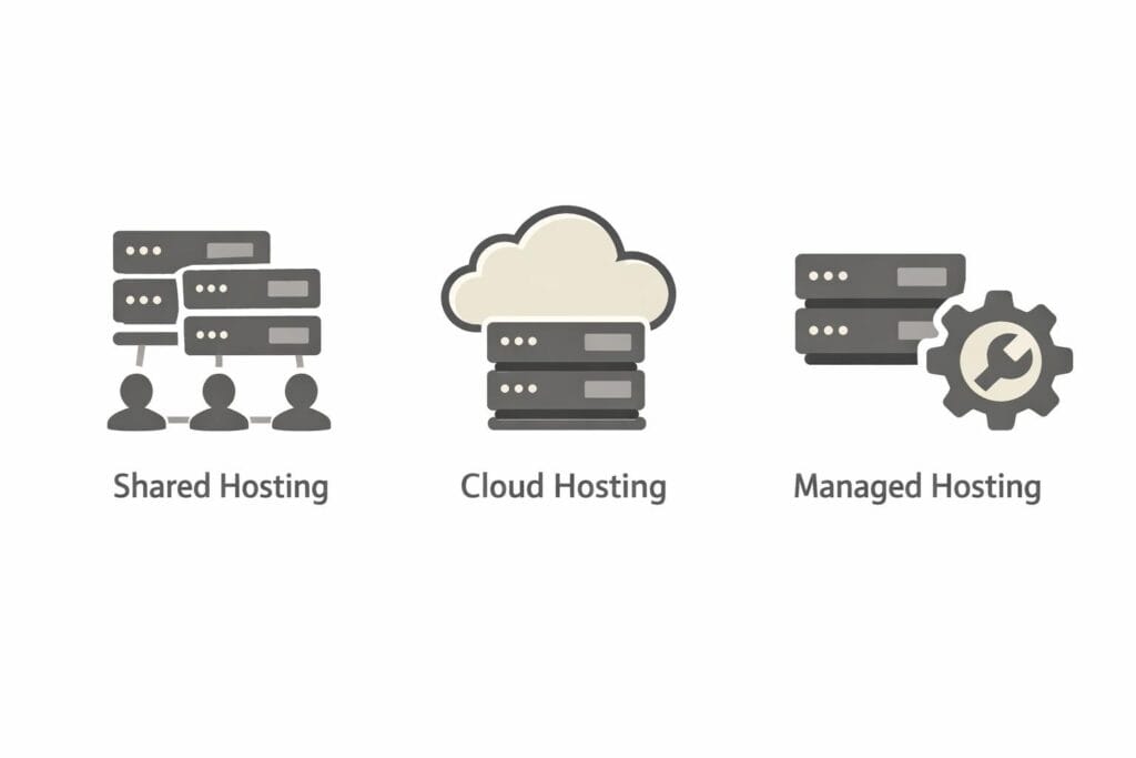Visual overview of shared, cloud, and managed web hosting types