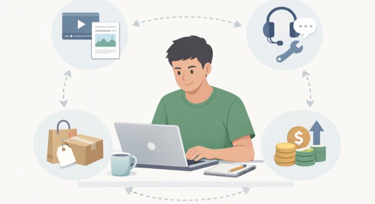 Illustration showing a beginner learning what an online business model is