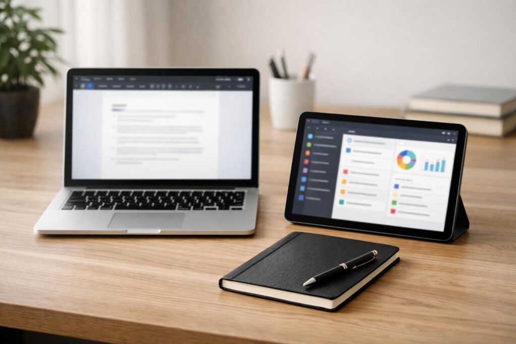 Professional laptop setup with writing and organization tools representing freelance online work