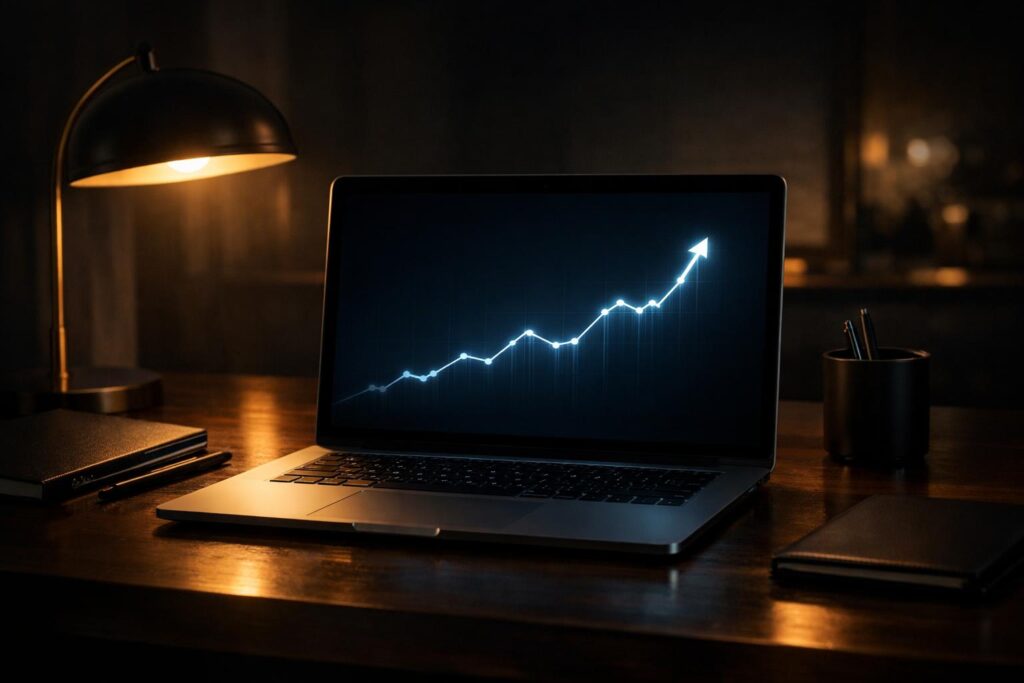 Minimal digital growth graph glowing on laptop screen symbolizing long-term consistency