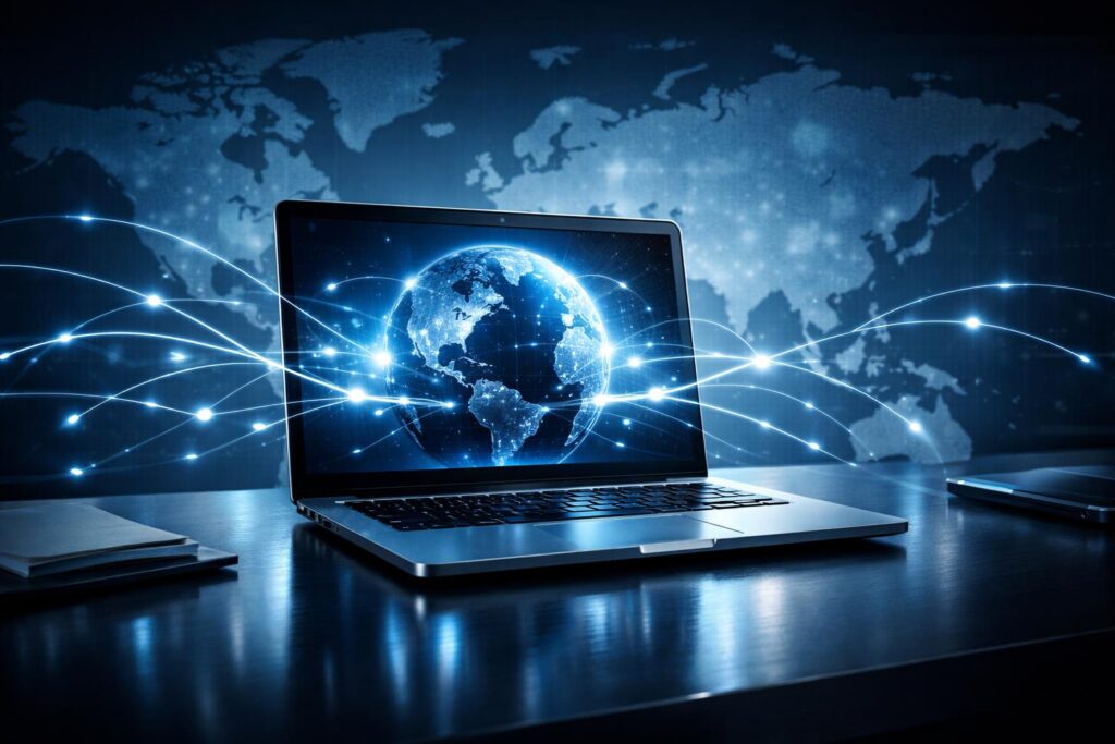 Laptop connected to global digital network representing remote collaboration