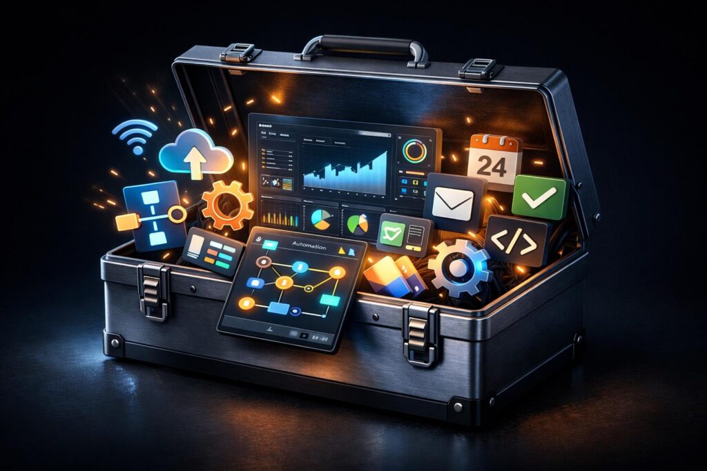 Digital toolbox overflowing with software icons and apps representing tool overload