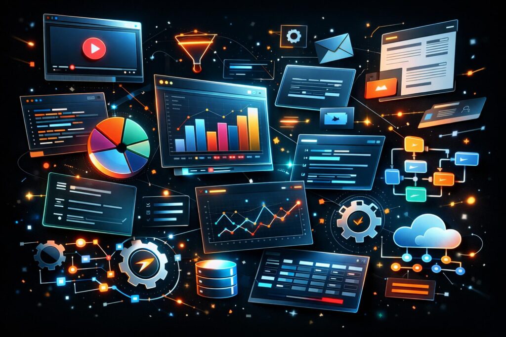 Multiple disconnected digital interface panels floating without structure representing lack of strategy