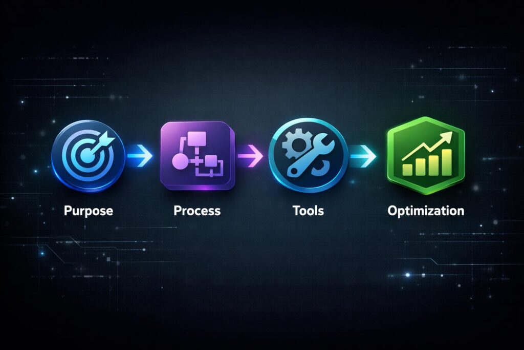 Step-by-step digital workflow diagram showing purpose, process, tools, and optimization stages
