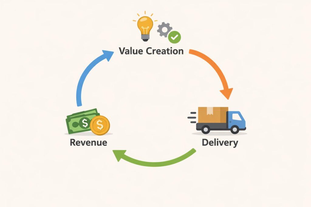 Simple diagram explaining how an online business model works