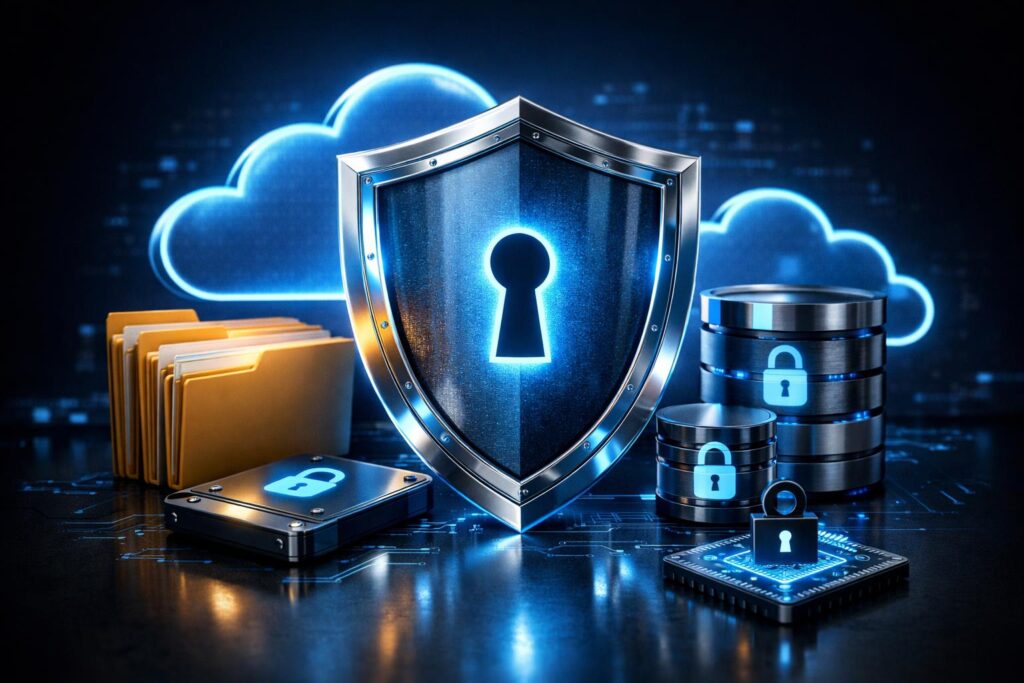Shield icon protecting cloud storage, organized folders, and encrypted systems
