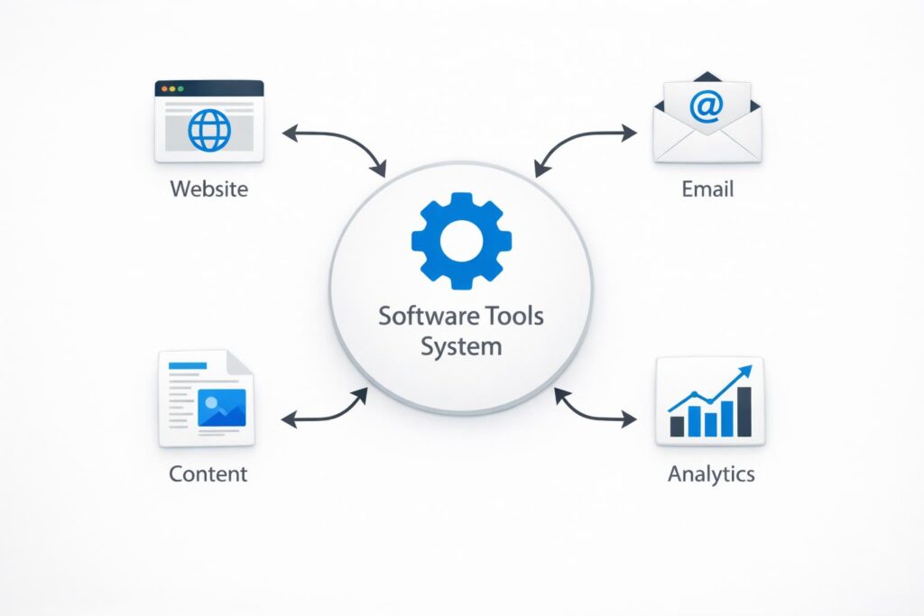 connected software tools workflow system diagram online business