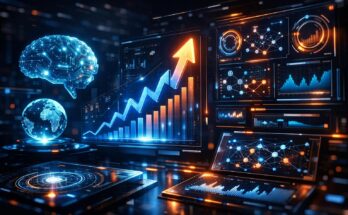 Futuristic artificial intelligence network with glowing data connections and digital