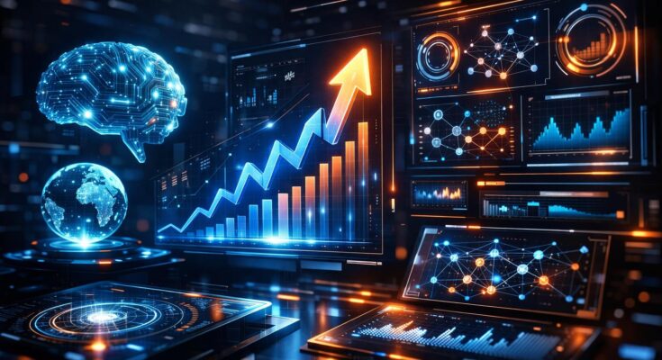 Futuristic artificial intelligence network with glowing data connections and digital