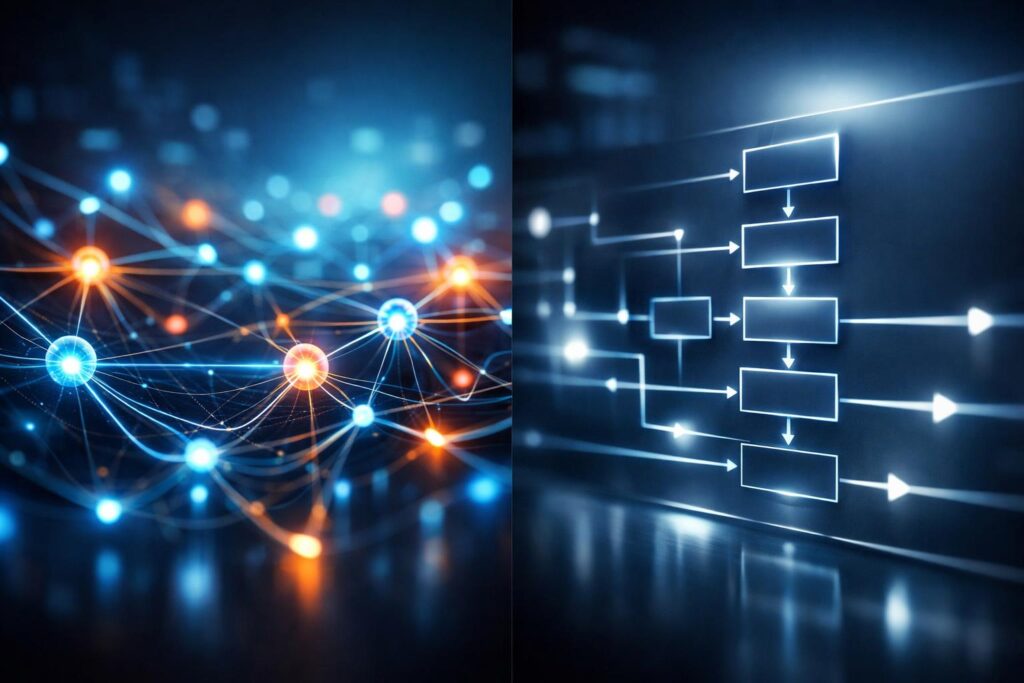 AI learning system vs rule based software simple concept visualization