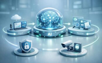 futuristic AI system showing risks and limitations with warning signals and digital brain visualization