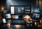 Futuristic productivity tools dashboard for beginners managing online work efficiently