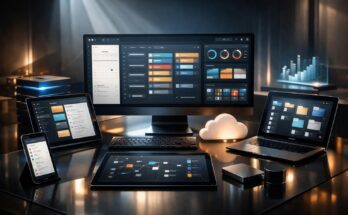 Futuristic productivity tools dashboard for beginners managing online work efficiently