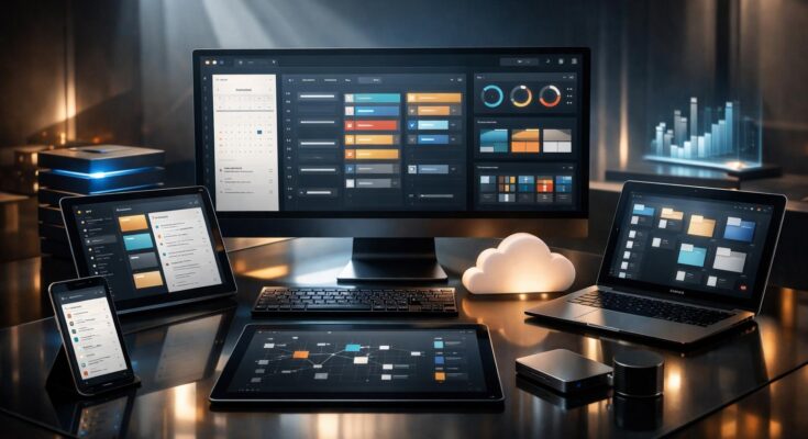 Futuristic productivity tools dashboard for beginners managing online work efficiently