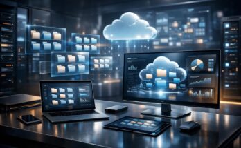 Futuristic digital organization workspace for beginner online business productivity