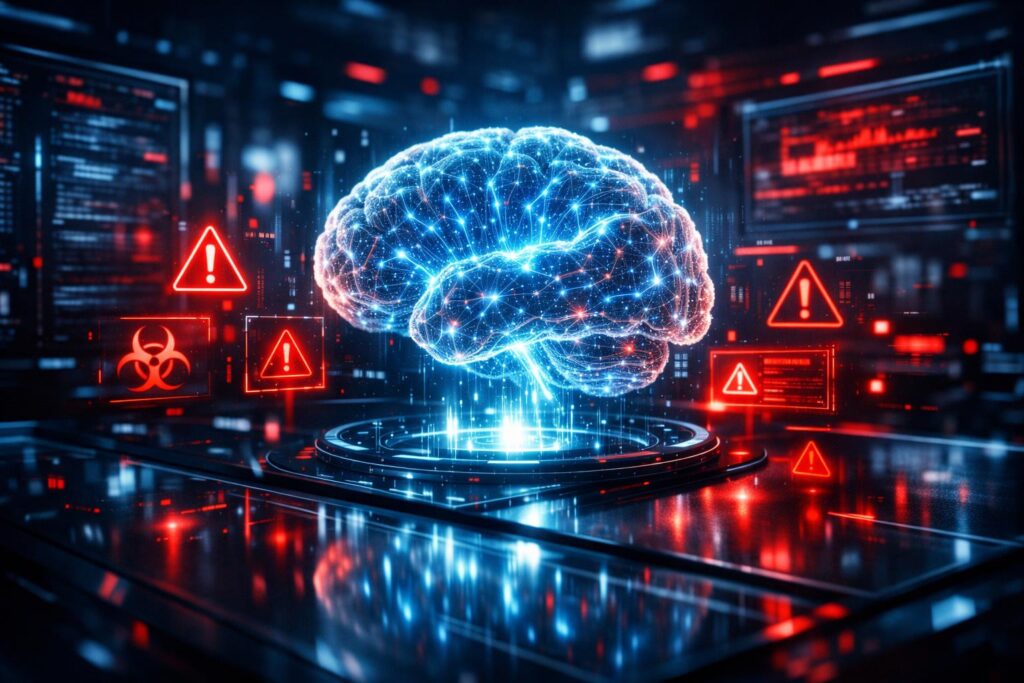 types of AI risks including misinformation dependency and data privacy illustration