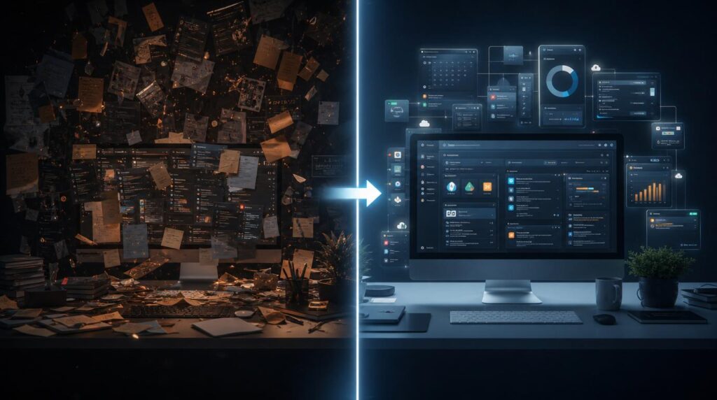 Comparison between chaotic online workflow and organized productivity systems